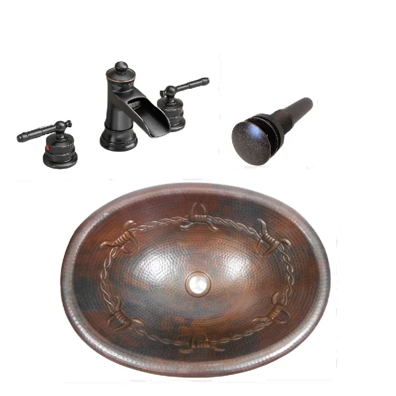 19" Oval Copper Bath Sink Barbed Wire Design, Faucet & Drain Included COMBO KIT - 19" X 14" X 5"