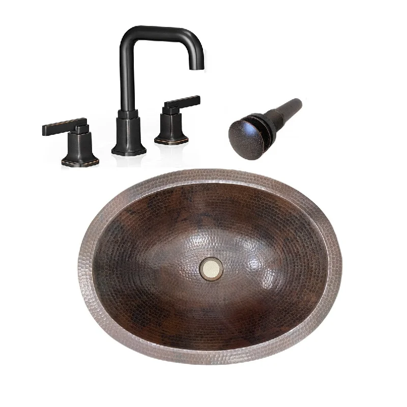 19" Oval Copper Bathroom Sink, Faucet & Drain Included - 19" x 14" x 5"