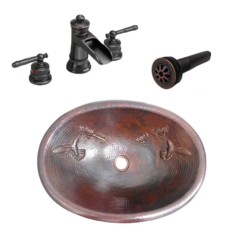 19" Oval Copper Bathroom Sink Hummingbird Design, Widespread faucet & Drain Included - 19" X 14" X 5"