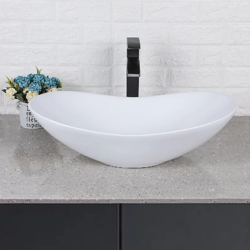 24"x14" Modern Egg Shape Above Counter White Porcelain Ceramic Bathroom Vessel Vanity Sink Art Basin