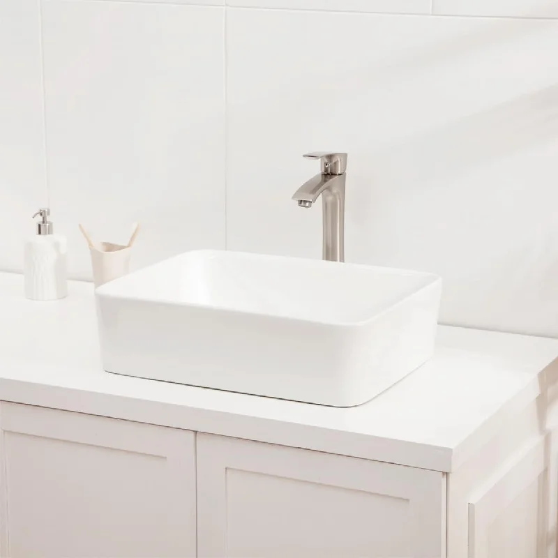 Aurora Decor Single Bowl Rectangle Vessel Bathroom Sink in White - 19 in. Width