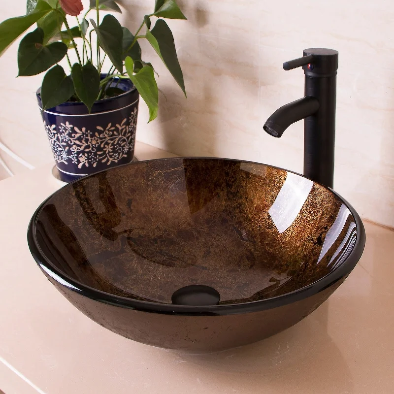 Bathroom Artistic Glass Vessel Sink Oil Rubbed Bronze Faucet&Pop-up Drain Combo - 16.5’’W x5.5''D