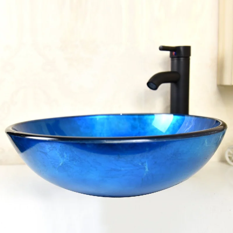 Bathroom Blue Artistic Glass Sink Oil Rubbed Bronze Faucet Drain Combo