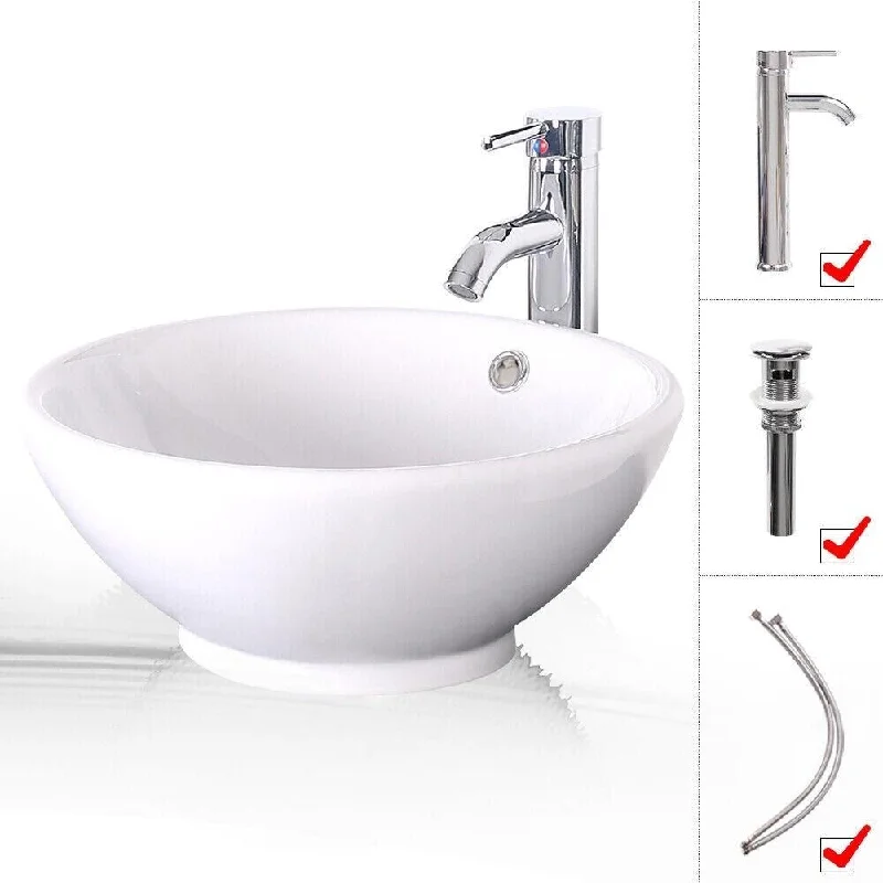 Bathroom Ceramic Vessel Sink Faucet Round Bowl Pop-Up Drain Top Combo - 16" x 6"