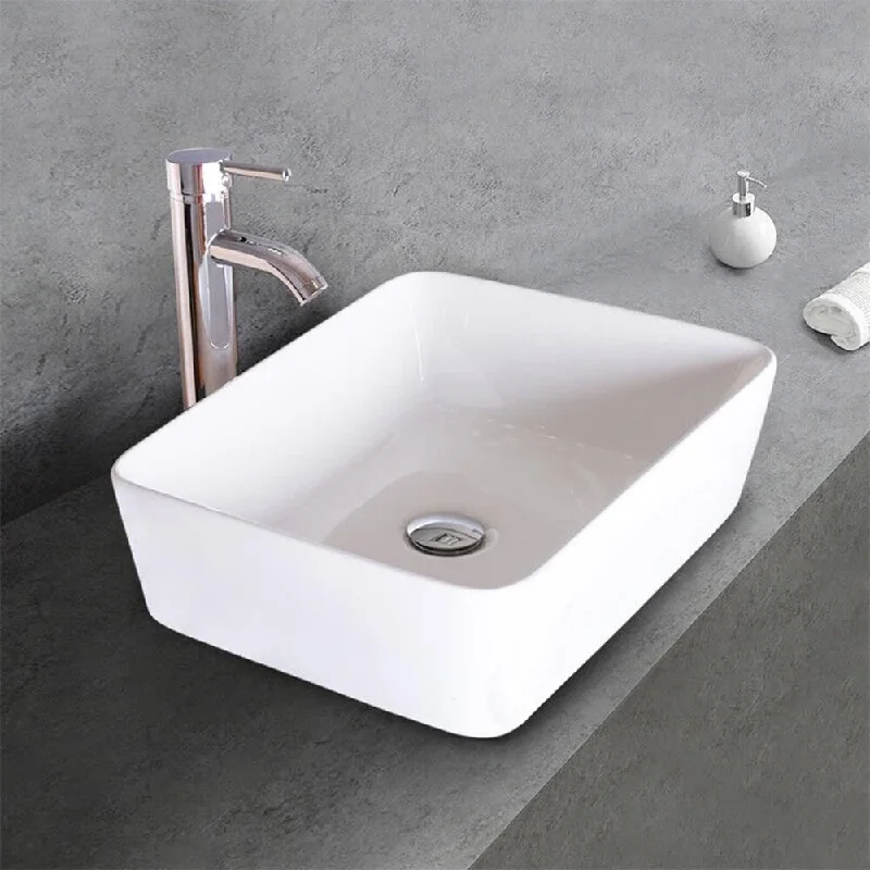 Bathroom Ceramic Vessel Sink Rectangle Faucet Bowl Pop-Up Drain Top - 18" x 12"