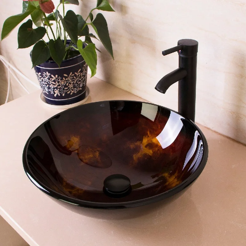 Bathroom Modern Glass Vessel Sink Oil Rubbed Bronze Faucet&Pop-up Drain Combo - 16.5’’W x5.5''D