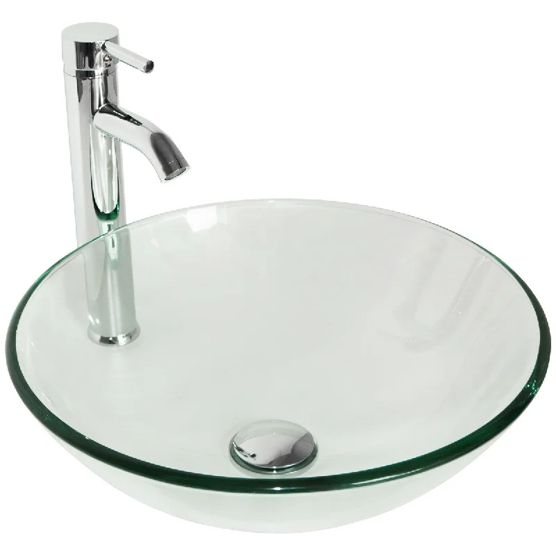 Bathroom Tempered Clear Glass Vessel Sink Chrome Faucet & Pop-up Drain