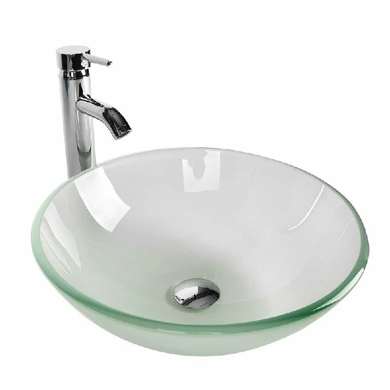 Bathroom Vessel Sink Basin Tempered Glass Bowl Faucet Pop-Up Circle-G - 16" x 5"