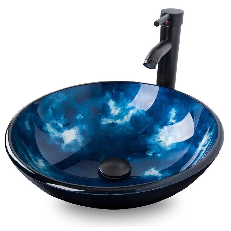 Bathroom Vessel Sink Basin Tempered Glass Bowl Faucet Pop-Up Circle-H - 16" x 5"