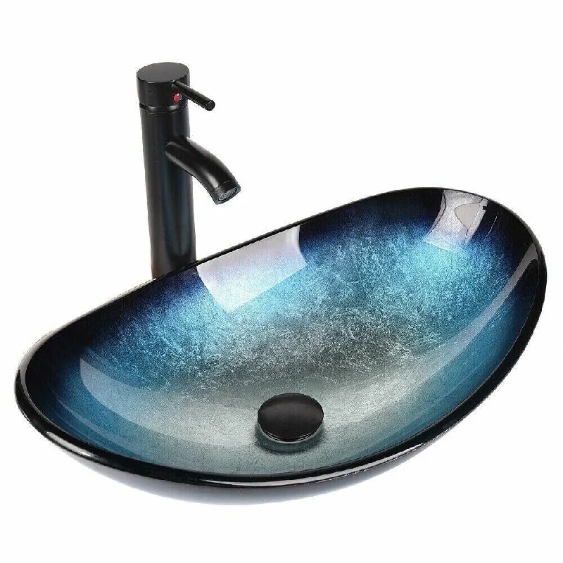 Bathroom Vessel Sink Basin Tempered Glass Bowl Faucet Pop-Up Oval-A - 21" x 6"