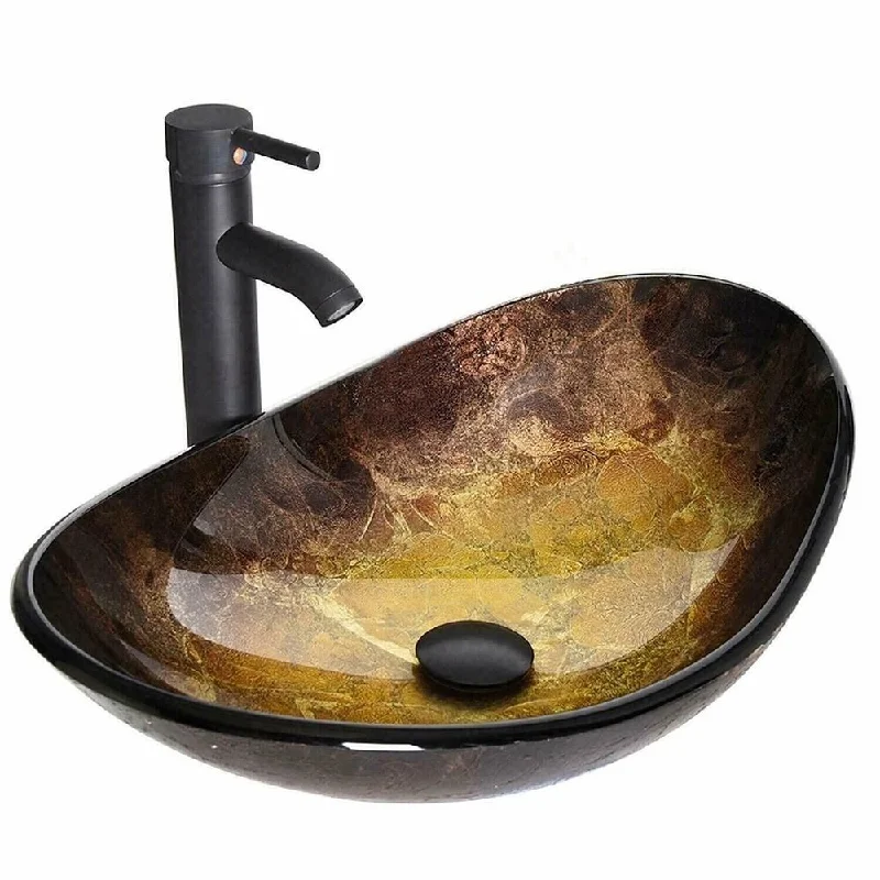 Bathroom Vessel Sink Basin Tempered Glass Bowl Faucet Pop-Up Oval-B - 21" x 6"