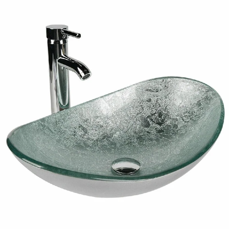 Bathroom Vessel Sink Basin Tempered Glass Bowl Faucet Pop-Up Oval-C - 21" x 6"