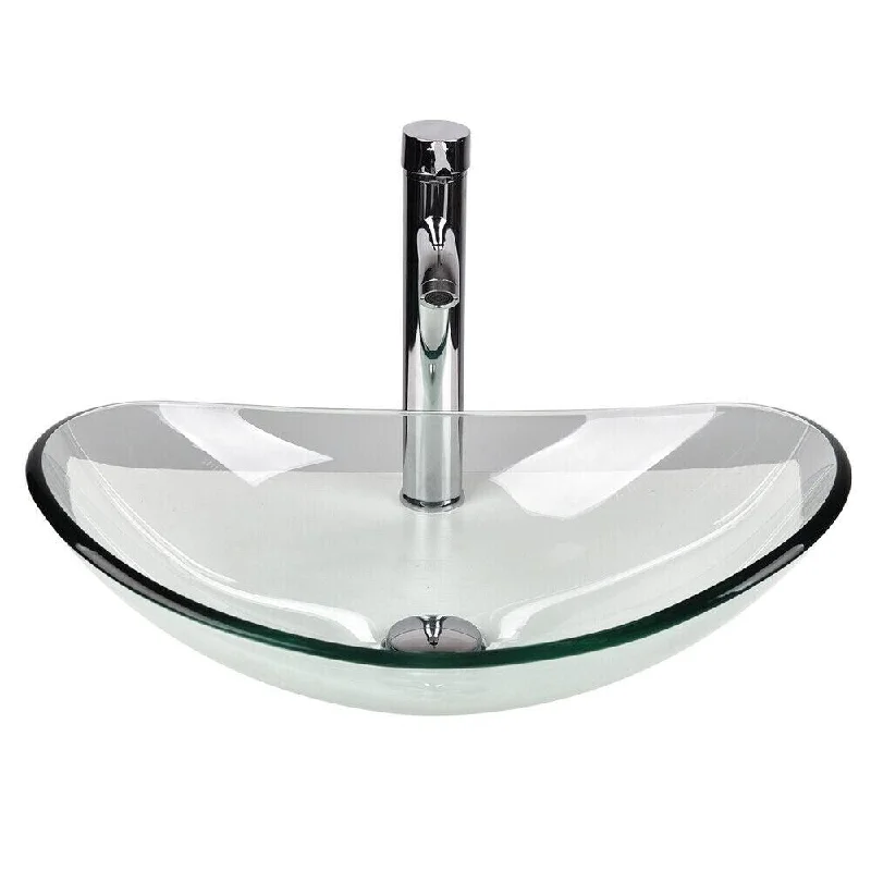 Bathroom Vessel Sink Basin Tempered Glass Bowl Faucet Pop-Up Oval-D - 21" x 6"