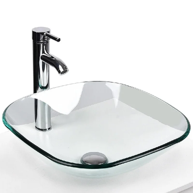 Bathroom Vessel Sink Basin Tempered Glass Bowl Faucet Pop-Up Square-A - 16" x 5"