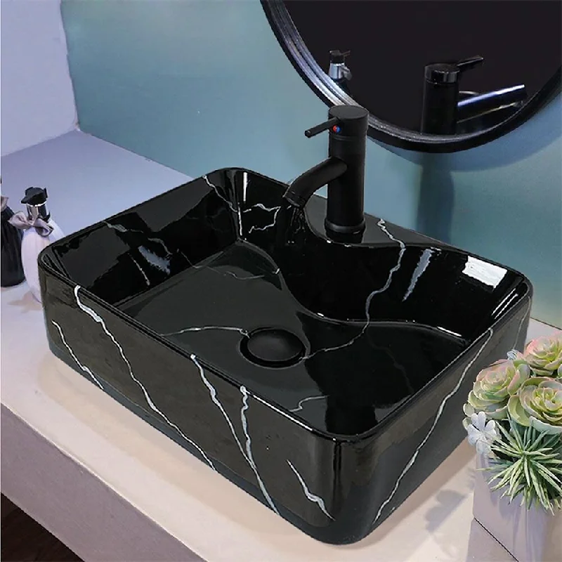 Bathroom Vessel Sink Black Ceramic Counter Top Basin Bowl w/ Faucet - 18" x 15"