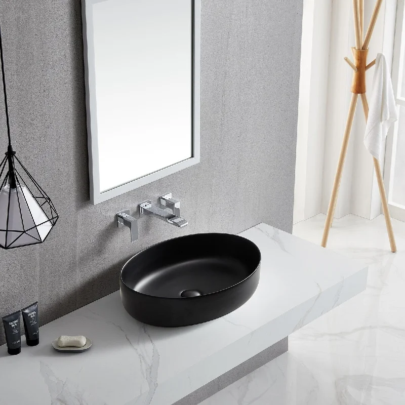 Black Oval Bathroom Vessel Sink with Ceramic Drain Stopper - 21.65 in. width