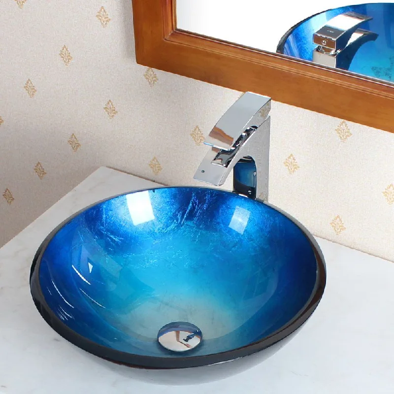 Elite 1203771587C Tempered Glass Hand-painted Vessel Sink and Chrome Faucet Set