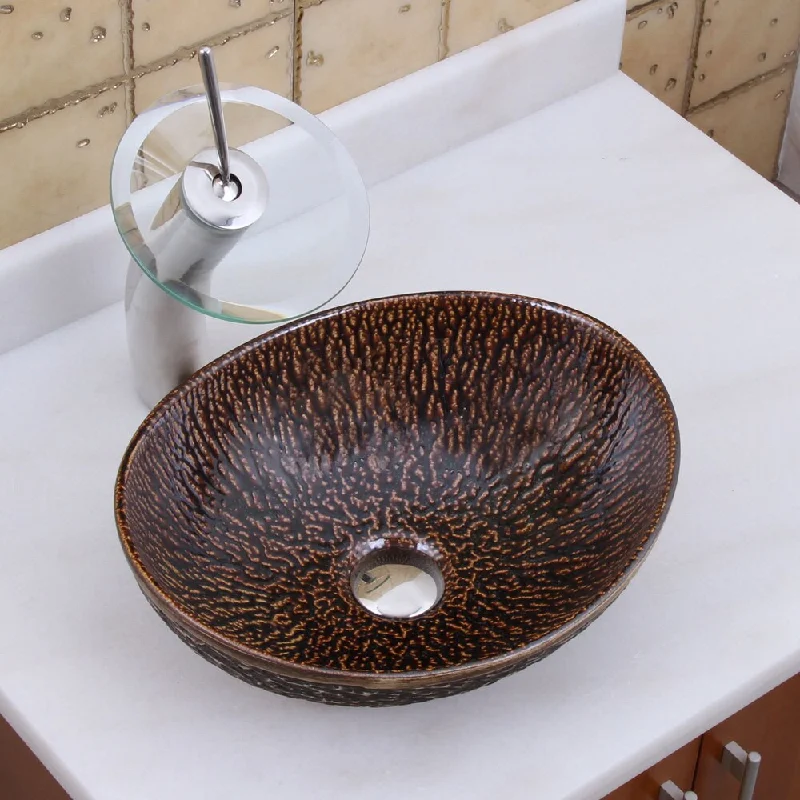 Elite 1552 F22T Oval Bronze Glaze Porcelain Ceramic Bathroom Vessel Sink Waterfall Faucet Combo