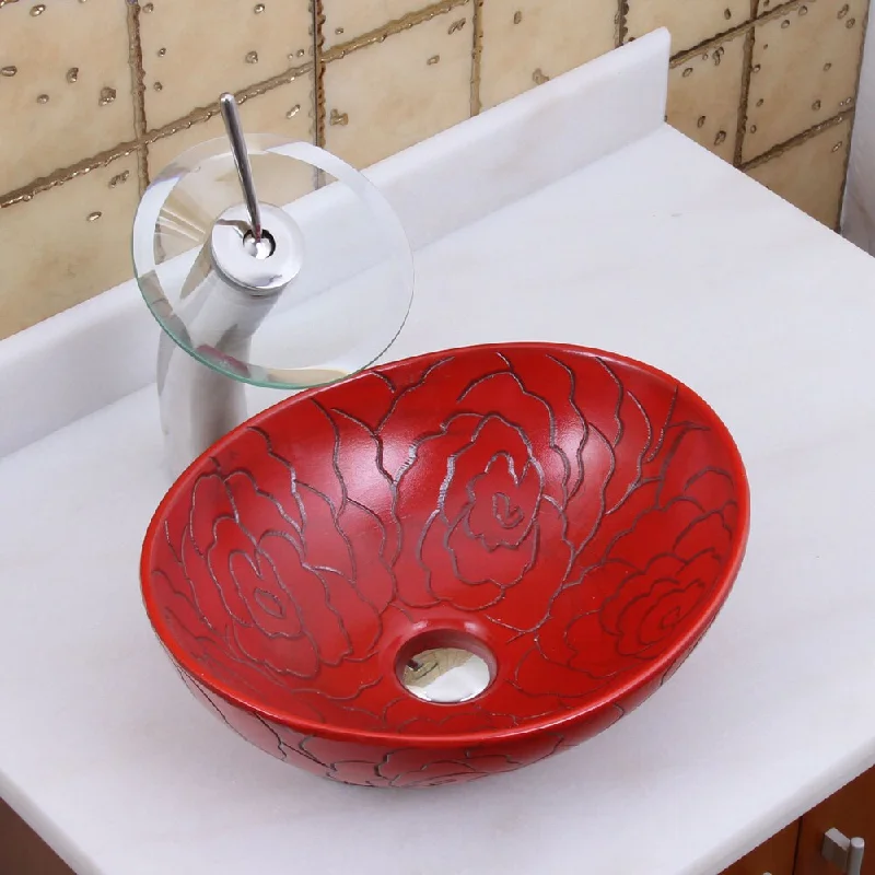 Elite 1557+F22T Oval Red Rose Porcelain Ceramic Bathroom Vessel Sink Waterfall Faucet Combo