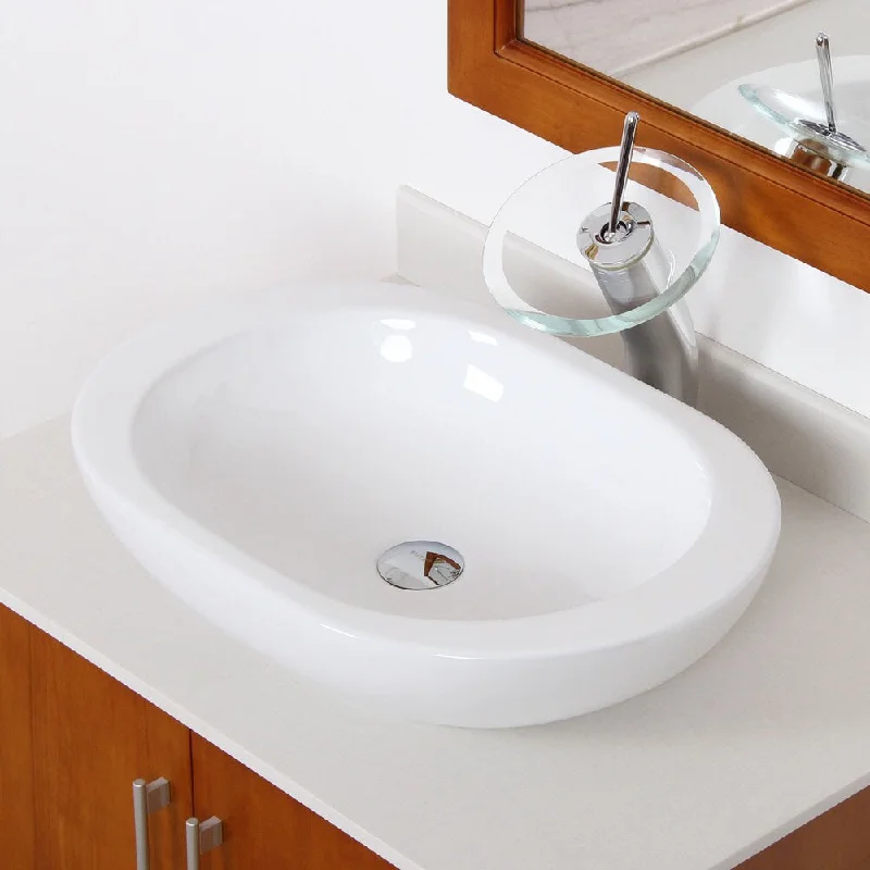 Elite 4156F22TC High-temperature Grade-A Oval Ceramic Bathroom Sink and Chrome Finish Waterfall Faucet Combo