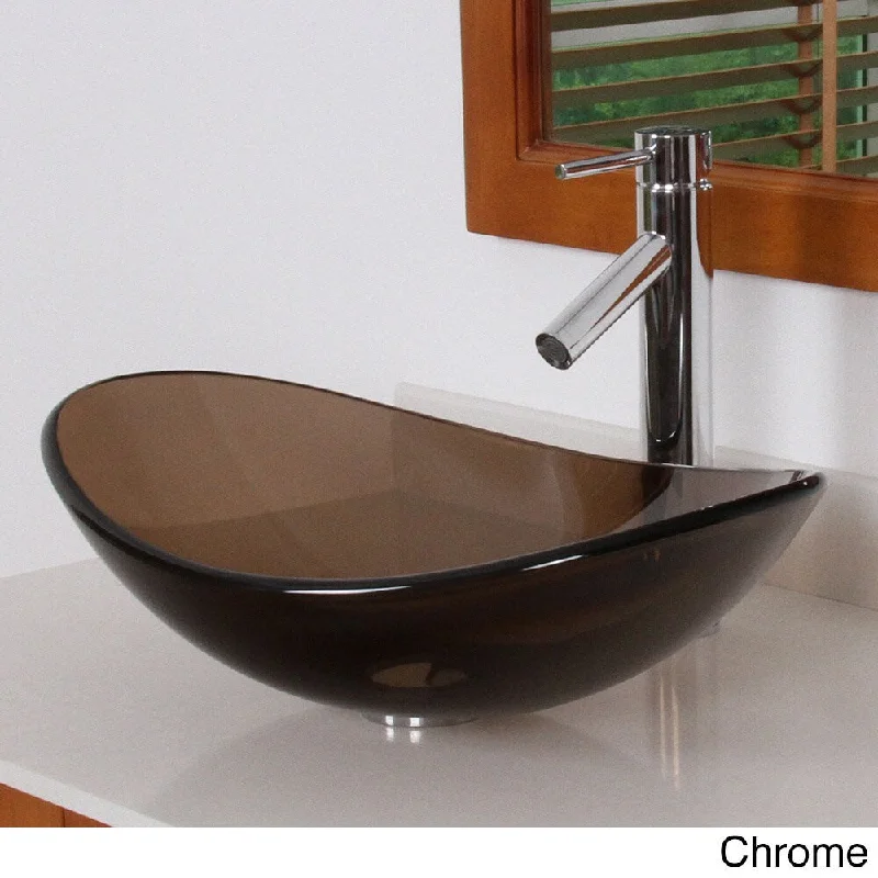 Elite 70072659 Oval-design Tempered Glass Bathroom Vessel Sink and Faucet Combo