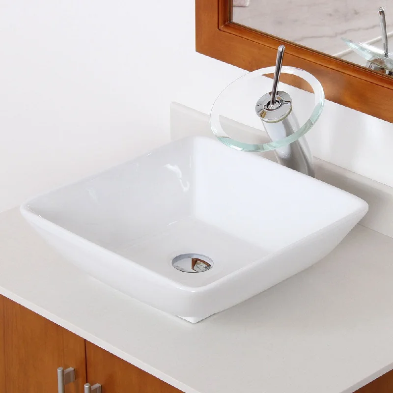 Elite High Temperature Grade A Square Ceramic Bathroom Sink and Chrome Finish Waterfall Faucet Combo