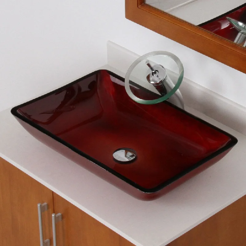 Elite Illusion Burgundy Design Tempered Glass Bathroom Vessel Sink and Waterfall Faucet Combo