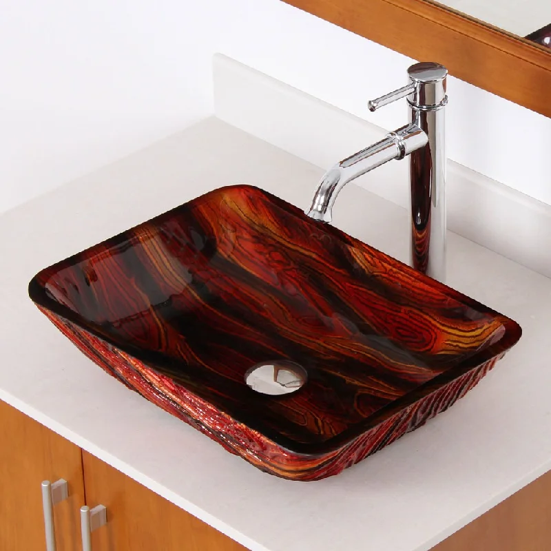 Elite Lava Rock Rectangle Tempered Glass Bathroom Vessel Sink and Faucet