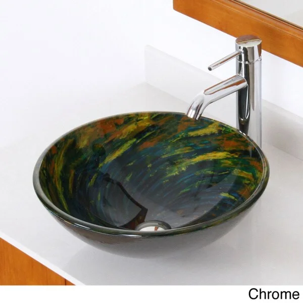 Elite Multicolor Swirl Tempered Glass Bathroom Vessel Sink and Faucet Set