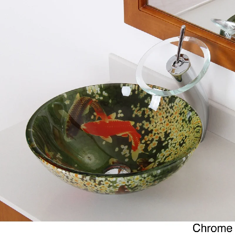 Elite N125F22T 'Koi and Lily Pond' Tempered Glass Bathroom Vessel Sink and Waterfall Faucet Combo