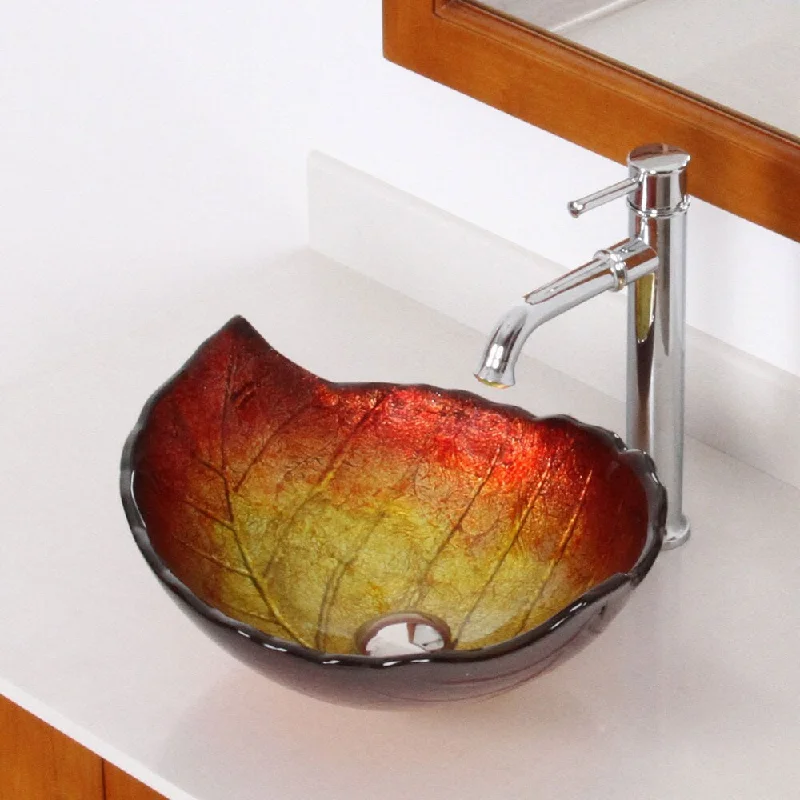 Elite Summer/ F371067 Tempered Glass Leaf Design Bathroom Vessel Sink/ Faucet