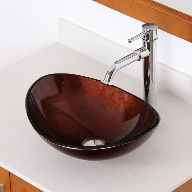 Elite Unique Oval Artistic Bronze Tempered Glass Bathroom Vessel Sink and Faucet