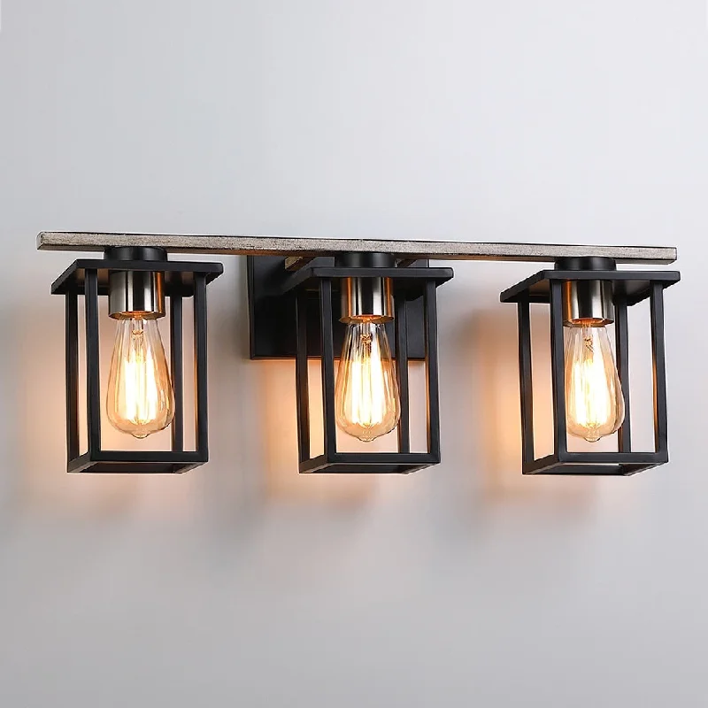 Matt Black/Wood Tone Rustic Farmhouse Bathroom Vanity Light with Open Cage Shades