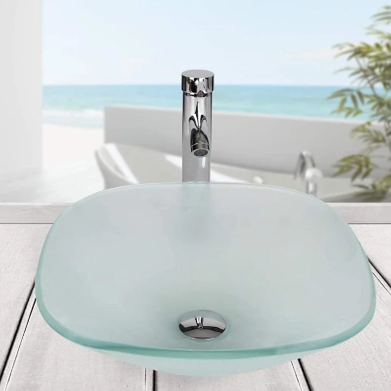 Matte Tempered Glass Vessel Bathroom Sink and Faucet Combo - 16.7*16.7*5.4