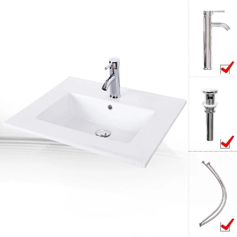 Rectangle Ceramic Sink Bathroom Vessel Drop in Faucet Pop Up Drain Set - 24" x 5"