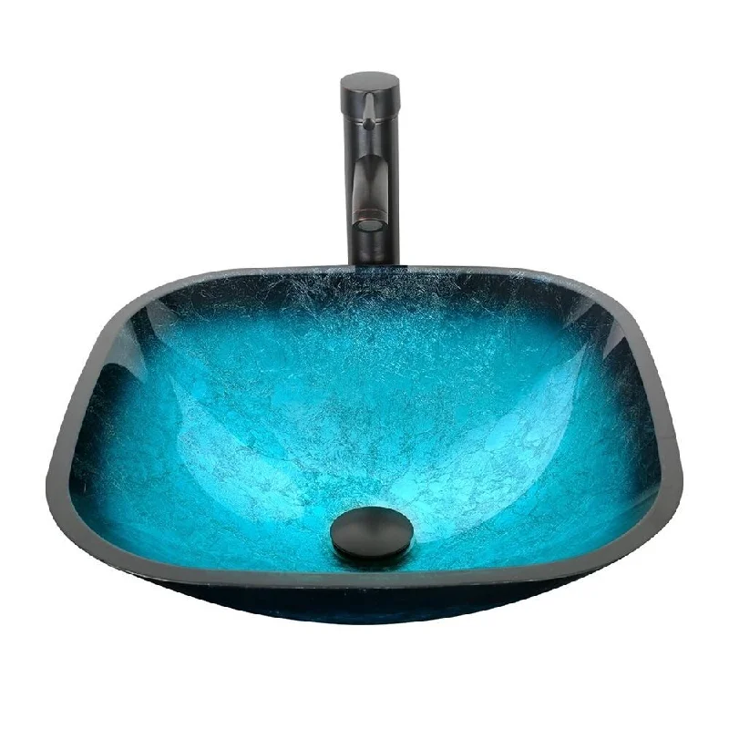 Square Vessel Glass Sink Faucet Pop-Up Drain Artistic Tempered Bowl - 16" x 8"