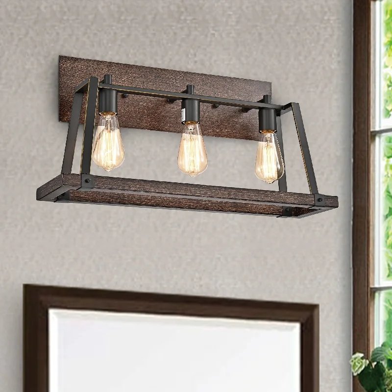 Troy 3-Light Wood and Oil Rubbed Bronze Bathroom Vanity Light Farmhouse Wall Sconces - Wood and Oil Rubbed Bronze