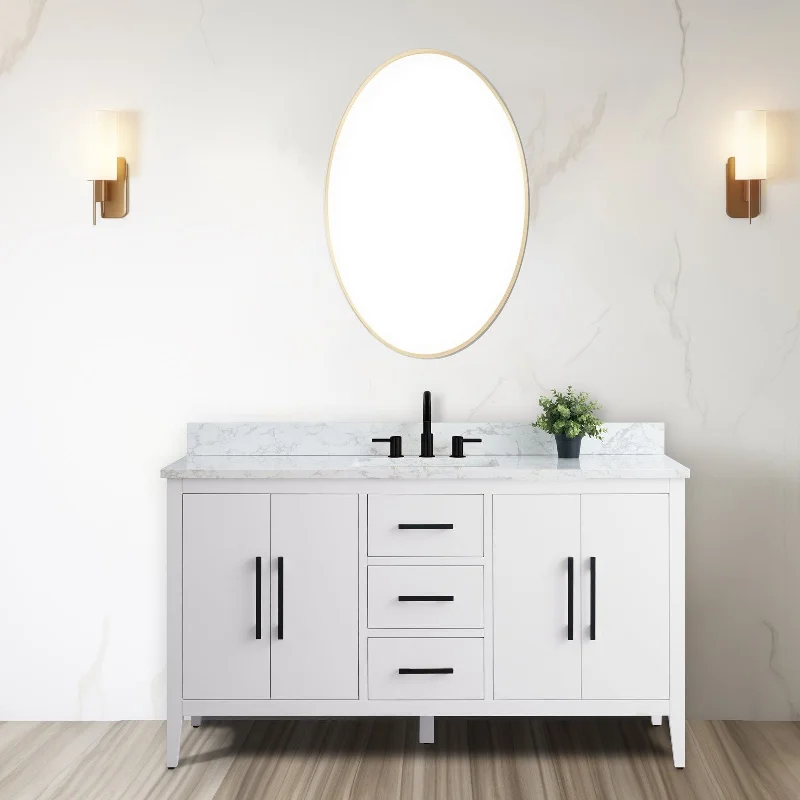 Vanity Art 60" Single Sink Bathroom Vanity Cabinet with Engineered Marble Countertop