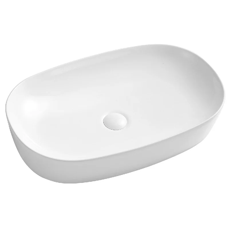 White Oval Bathroom Vessel Sink with Ceramic Drain Stopper - 24.02 in. width