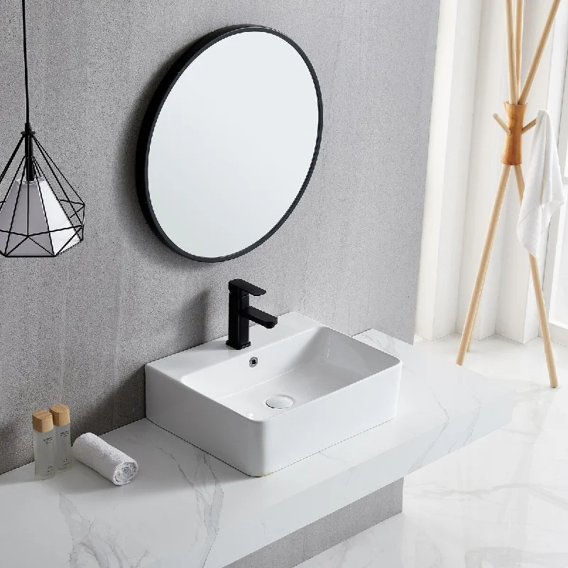 White Rectangle Bathroom Vessel Sink with Ceramic Drain And Overflow - 20.67 in. width