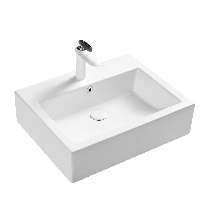 White Rectangle Bathroom Vessel Sink with Ceramic Drain And Overflow - 22.64 in. width