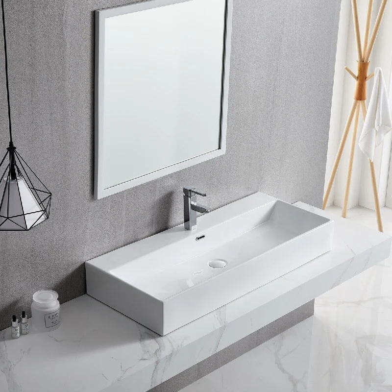 White Rectangle Bathroom Vessel Sink with Ceramic Drain And Overflow - 39.37 in. width