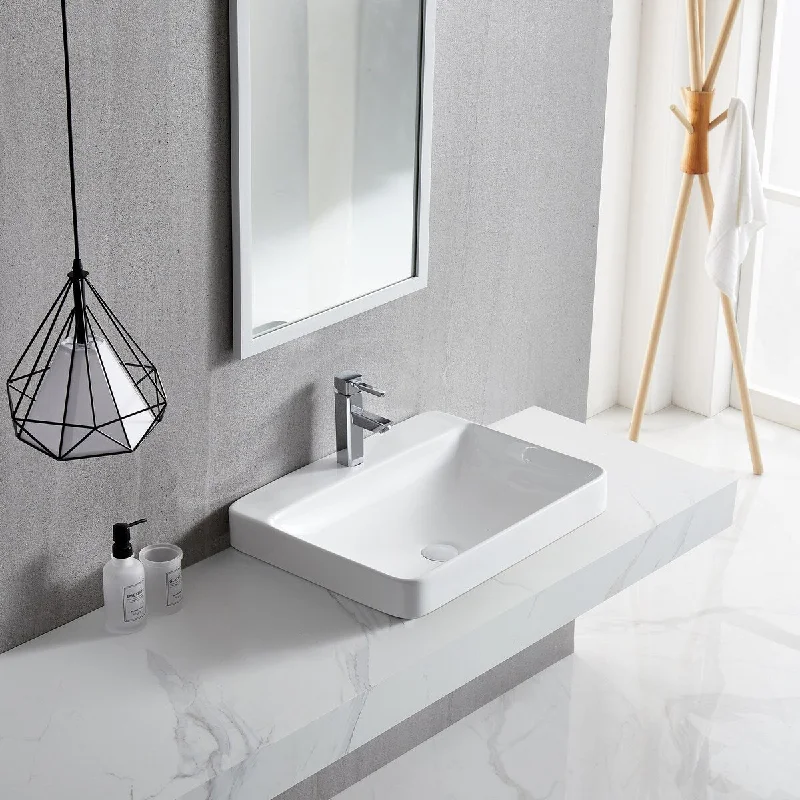 White Rectangle Bathroom Vessel Sink with Ceramic Drain Stopper - 23.23 in. width