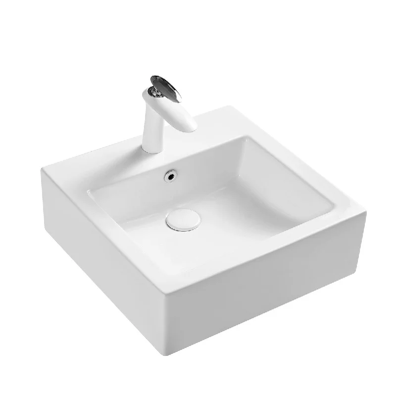 White Square Bathroom Vessel Sink with Ceramic Drain And Overflow - 18.5 in. width