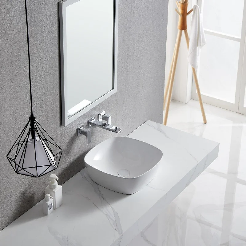 White Square Bathroom Vessel Sink with Ceramic Drain Stopper - 15.75 in. width